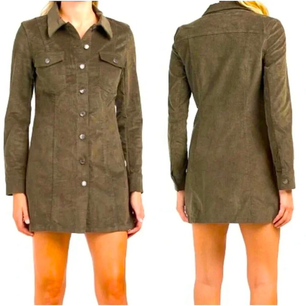 House of Harlow 1960 Olive Green Corduroy Mini Shirt Dress Size Small